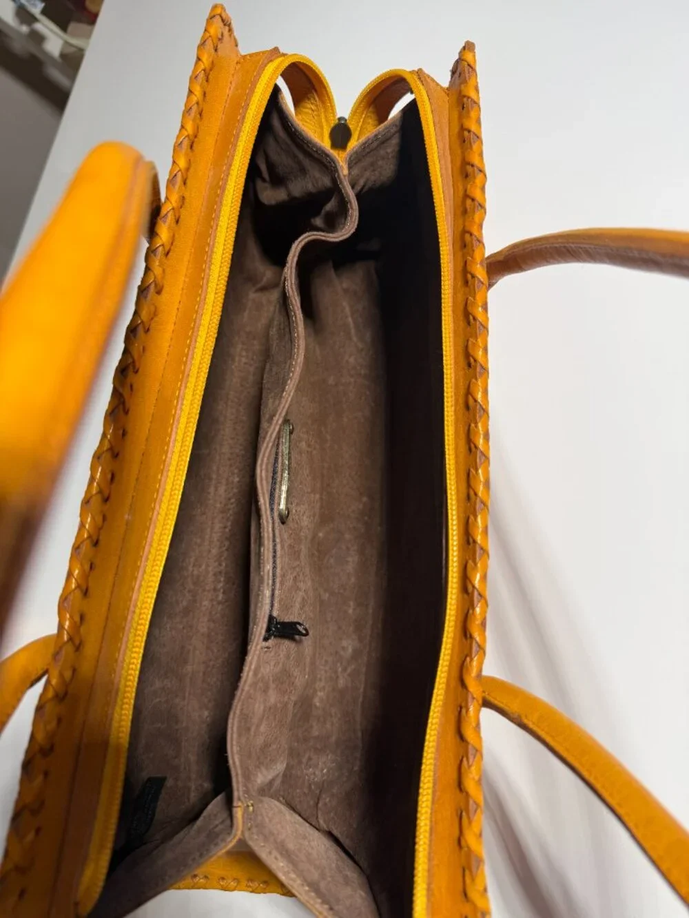 Alexis David Yellow Tooled Embossed Leather Handbag Purse Large Whipstitch NEW